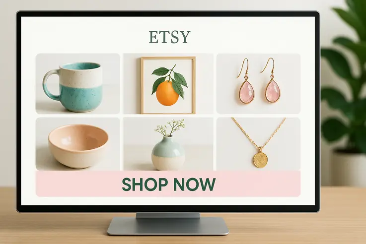 Successful Etsy shop interface showcasing products on a modern workspace with a laptop and creative items.