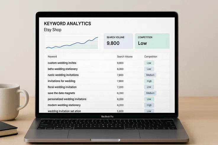 EverBee keyword analytics for Etsy SEO on a computer screen.